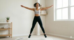 امرأة تمارس تمرين جاك القفز (Jumping Jacks) في المنزل - صورة مولدة بالذكاء الاصطناعي". (AI Generated).